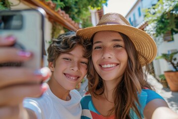 Aufkleber - A girl taking a picture of a boy with her cell phone