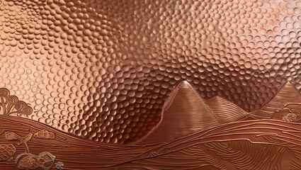 Sticker - Copper embossed texture with a repeating circle pattern and etched mountain landscape.