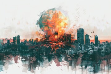 Canvas Print - A massive explosion is seen engulfing a cityscape