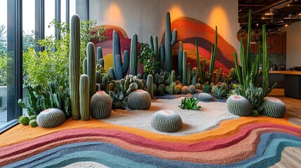 Wall Mural - An open terrarium with vibrant cacti and multicolored sand art, featuring intricate patterns of layered sand in shades of red, orange, and turquoise,