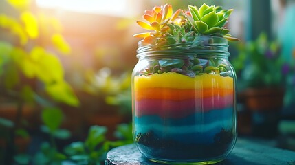 Poster - A beautiful glass jar terrarium featuring layered colored sand in shades of blue, pink, and yellow, with vibrant green succulents planted on top, soft sunlight shining through the glass,