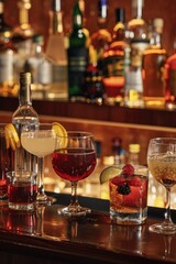 Poster - A selection of wine glasses at a bar, perfect for a wine tasting event or restaurant use