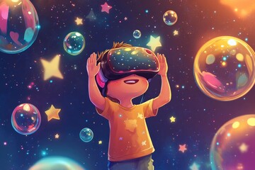 Poster - A young boy immersed in a virtual world, surrounded by colorful bubbles