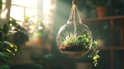 Sticker - A beautiful glass terrarium with delicate air plants and flowing vines, hanging in a macramé hanger, the soft sunlight filtering through the room, casting gentle reflections and creating a peaceful,