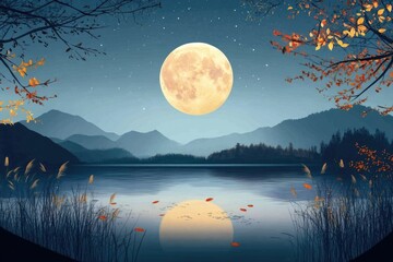 Aufkleber - A serene scene with the full moon shining brightly above a peaceful lake