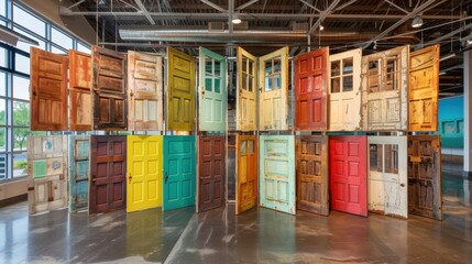 Canvas Print - Colorful collection of vintage doors arranged artistically in spacious gallery, showcasing variety of textures and hues that evoke sense of nostalgia and creativity