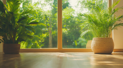 Wall Mural - A hallway with large windows, soft sunlight illuminating wooden floors, cozy vintage furniture adding warmth