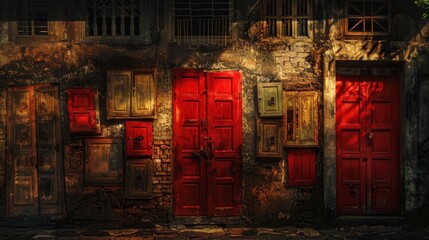 Poster - vibrant display of red doors and colorful mailboxes against textured wall, creating striking visual contrast and sense of history. interplay of light and shadow adds depth to scene