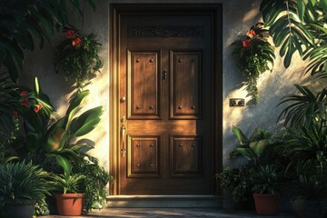 Poster - A wooden door flanked by potted plants, ideal for use in interior design or home decor imagery