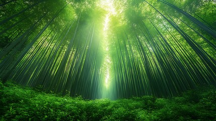 Wall Mural - A sunbeam shines through a dense bamboo forest, creating a mystical and serene atmosphere.