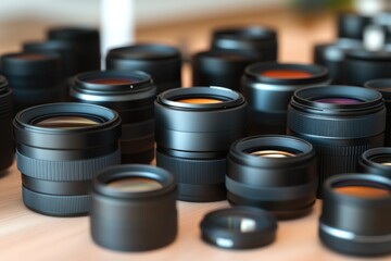 Poster - A collection of camera lenses placed on a wooden table, perfect for photography or studio use
