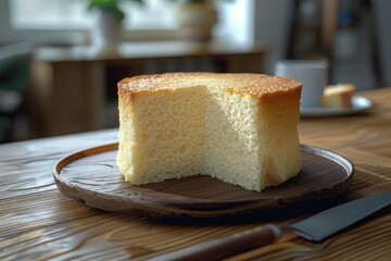 Poster - A slice of cake sitting on a wooden plate, perfect for a snack or dessert