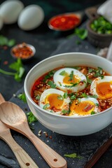 Poster - A bowl of hot soup with scrambled eggs and a wooden spoon for serving or stirring