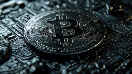 Aufkleber - A close-up image of a bitcoin logo on a computer motherboard, suitable for use in financial or technology-related contexts