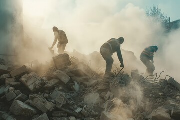 Poster - Group of men standing on top of a pile of rubble, possibly after an accident or natural disaster