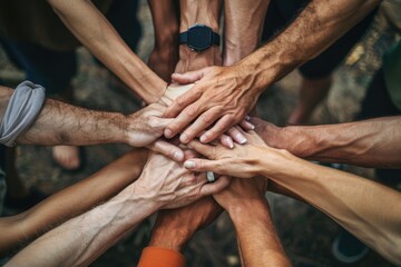 Poster - A group of people with hands clasped together, demonstrating unity and cooperation