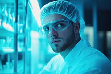 Sticker - A scientist in a lab coat and goggles studying a sample or specimen, possibly in a laboratory setting