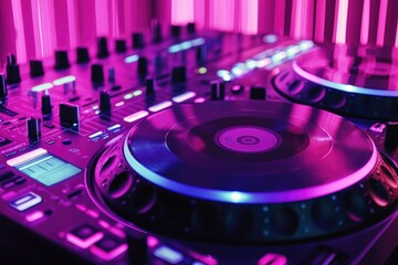 Poster - Close-up shot of a DJ's equipment with purple lighting, suitable for nightlife and music-related themes