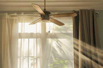 Poster - A ceiling fan sits in front of a window, with a view outside