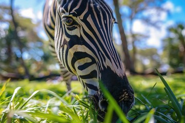 Aufkleber - Close-up view of a zebra's face and neck amidst lush green grass, ideal for nature or wildlife-themed projects