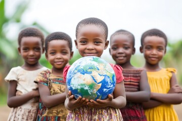 Poster - A group of children holding a globe, emphasizing the importance of education and exploration