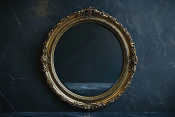 Poster - A decorative gold framed mirror sits atop a bright blue wall, perfect for adding a touch of elegance to any room