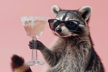 Wall Mural - A curious raccoon wearing glasses holds a glass of champagne, ready to celebrate