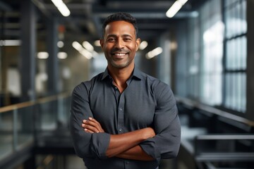 Portrait of a smiling indian man in his 30s sporting a technical climbing shirt in sophisticated corporate office background