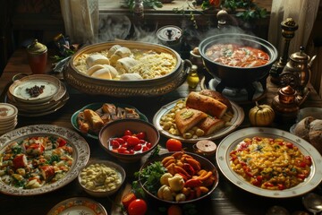 Poster - A table filled with diverse types of food, perfect for a restaurant or cafe scene