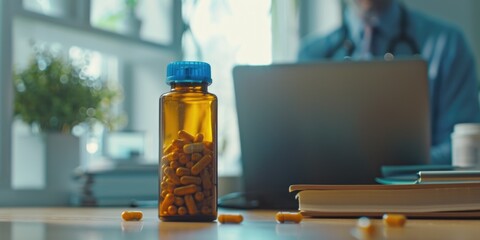 Aufkleber - A bottle of pills sits next to a laptop on a table, ideal for medical or work-related scenarios