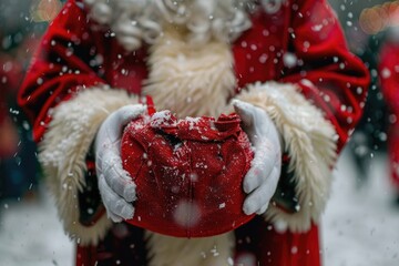 Sticker - Santa Claus standing in snowy landscape, holding a red bag