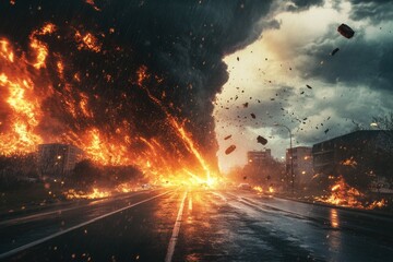 Aufkleber - Firefighters battling a blaze in the middle of a city street