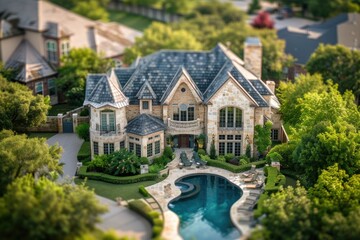 Poster - A large house with a pool in the front yard, perfect for summer days or relaxation