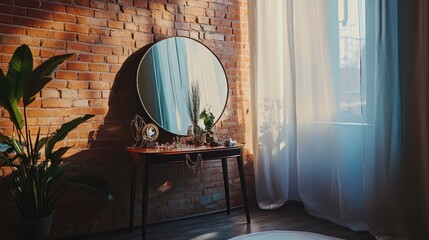 Poster - A simple setting with a mirror sitting on a wooden table next to a window, perfect for interior design or still life photography