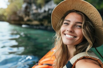 Aufkleber - A woman wearing a hat smiles as she sits in a kayak on calm waters
