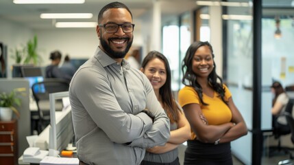 Poster - A man and two women standing in an office setting