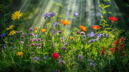 Wall Mural - vibrant display of colorful wildflowers in sunlit meadow, showcasing variety of blooms including daisies, poppies, and lavender. scene evokes sense of tranquility and natural beauty