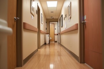 Aufkleber - A long hallway with a toilet and pictures on the walls, perfect for use in interior design or architecture settings