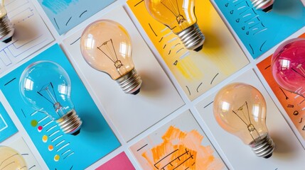 Poster - Bright light bulbs are arranged on colorful artistic backgrounds, creating vibrant and creative atmosphere. combination of light and color evokes inspiration and innovation