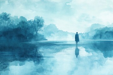 Wall Mural - A person standing in the middle of a body of water, calm and serene