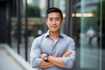 Portrait of a glad asian man in his 40s wearing a simple cotton shirt on sophisticated corporate office background