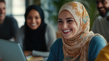 Poster - A person wearing a headscarf smiles directly into the camera, conveying friendliness and approachability