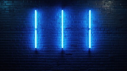 Poster - Three bright blue neon lights illuminate the dark background of a brick wall