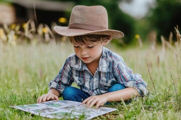 Wall Mural - Young boy exploring outdoors with map