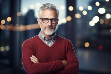 Poster - Portrait of a satisfied man in his 50s wearing a cozy sweater isolated in sophisticated corporate office background