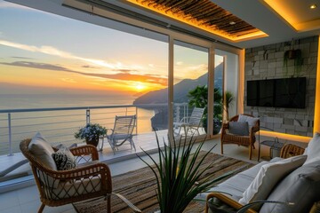Poster - A warm and inviting living room with comfortable furniture and a modern flat screen TV, perfect for relaxation and entertainment