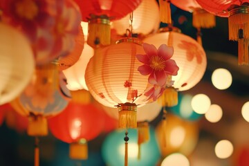 Poster - A bunch of colorful paper lanterns hang from the ceiling, creating a festive atmosphere