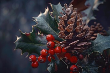 Poster - A close-up shot of a pine cone covered in bright red berries, ideal for use in designs related to nature, winter, or festive themes