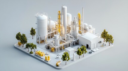 Isometric model of industrial complex with trees.