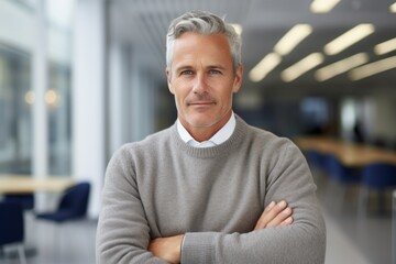 Sticker - Portrait of a merry man in his 50s wearing a chic cardigan over sophisticated corporate office background